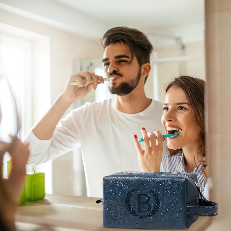 Aganmi Personalized Gifts Travel Toiletry Bag for Men Engraved Initial PU Leather Waterproof Shaving Bag for Toiletries Accessories Fathers Day Birthday Gift for Men Dad Husband Son, Dark Blue M - Image 3